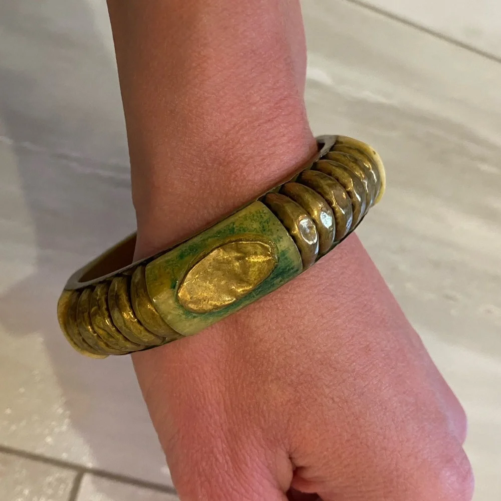 Vintage Brass Bangle Bracelet with Faded Green and Off White Accents